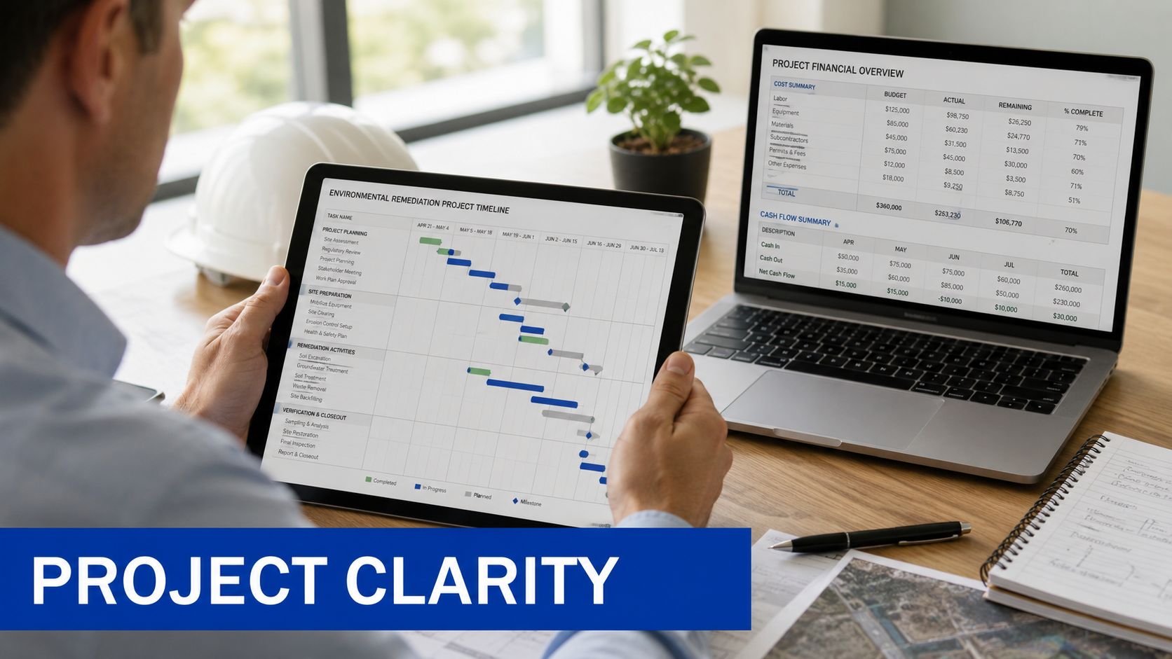 A professional analyzing environmental remediation project timelines and financial data on a tablet and laptop computer.