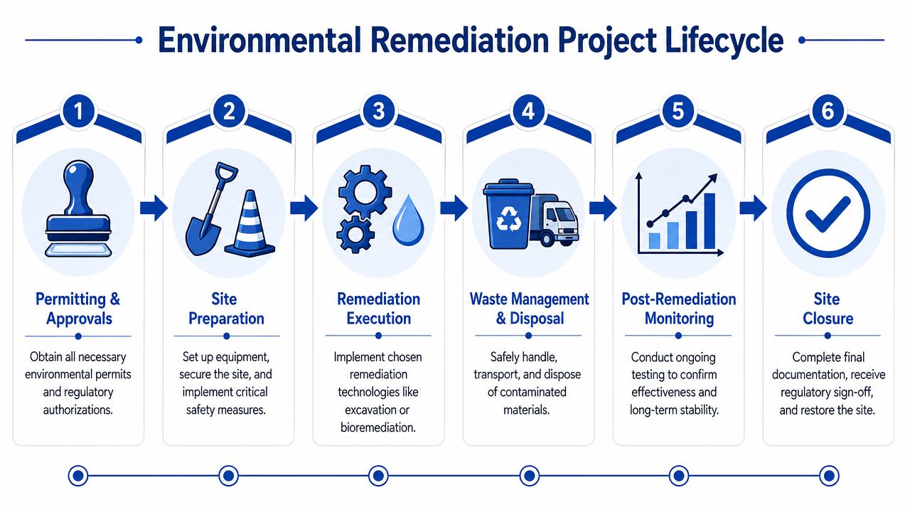 A six-step infographic showing the environmental remediation project lifecycle from initial permitting through to site closure.