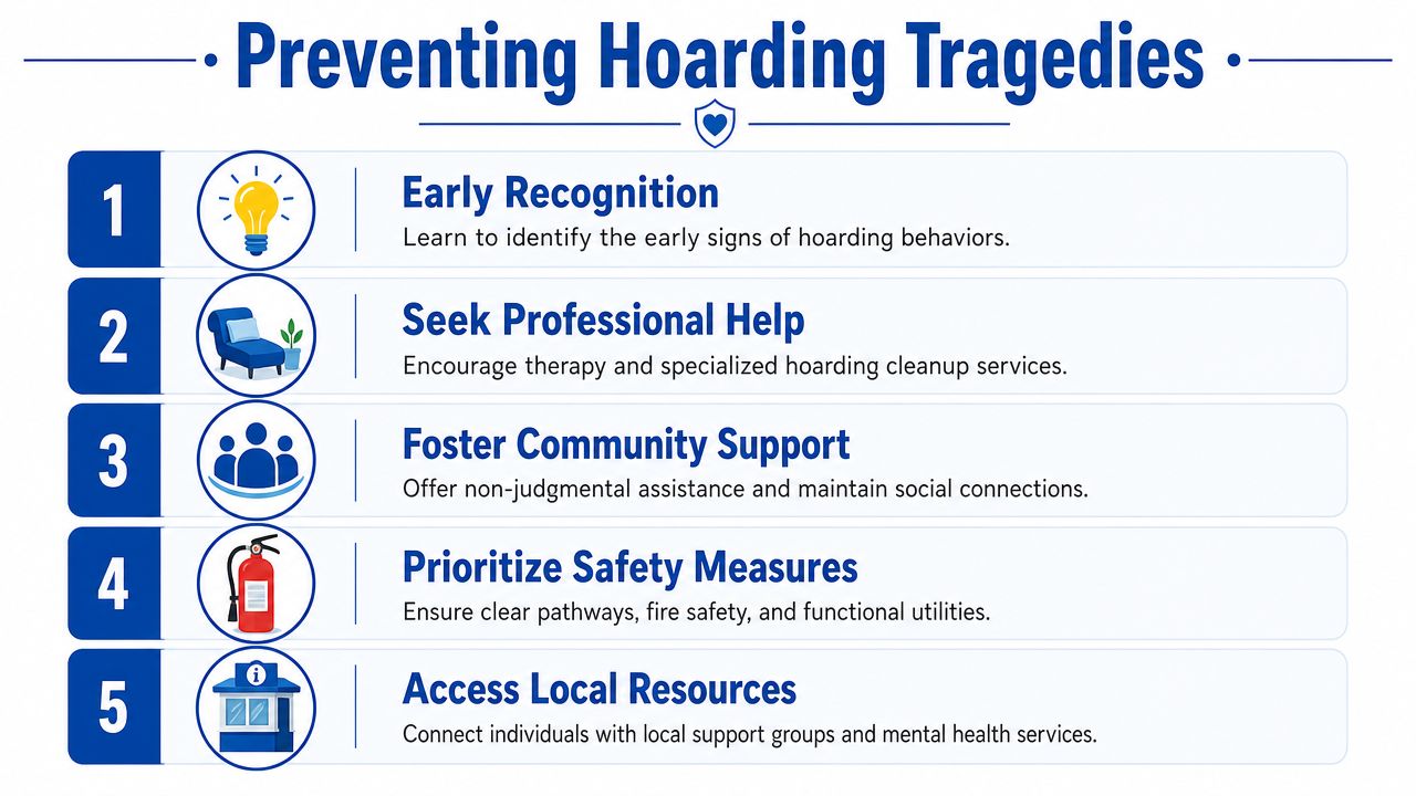 A five-step guide infographic for preventing hoarding tragedies, including tips like seeking professional help and community support.