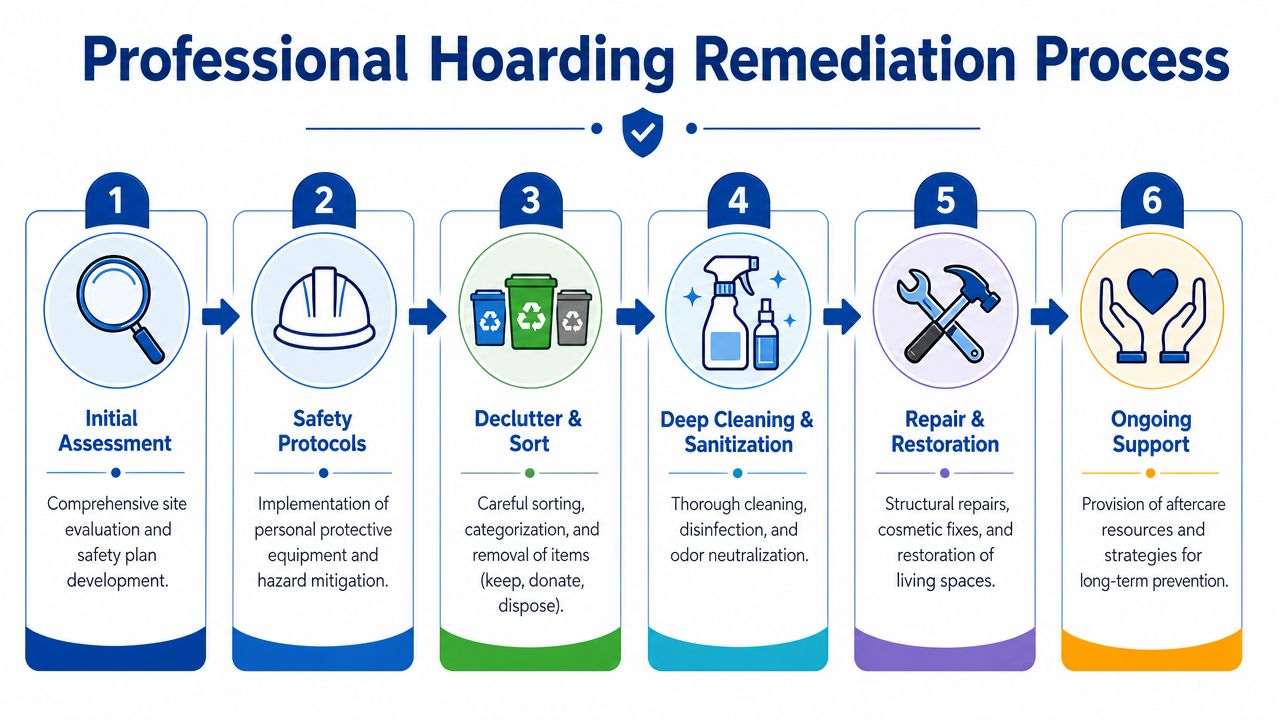 A six-step infographic detailing the professional hoarding remediation process from initial assessment to ongoing support.