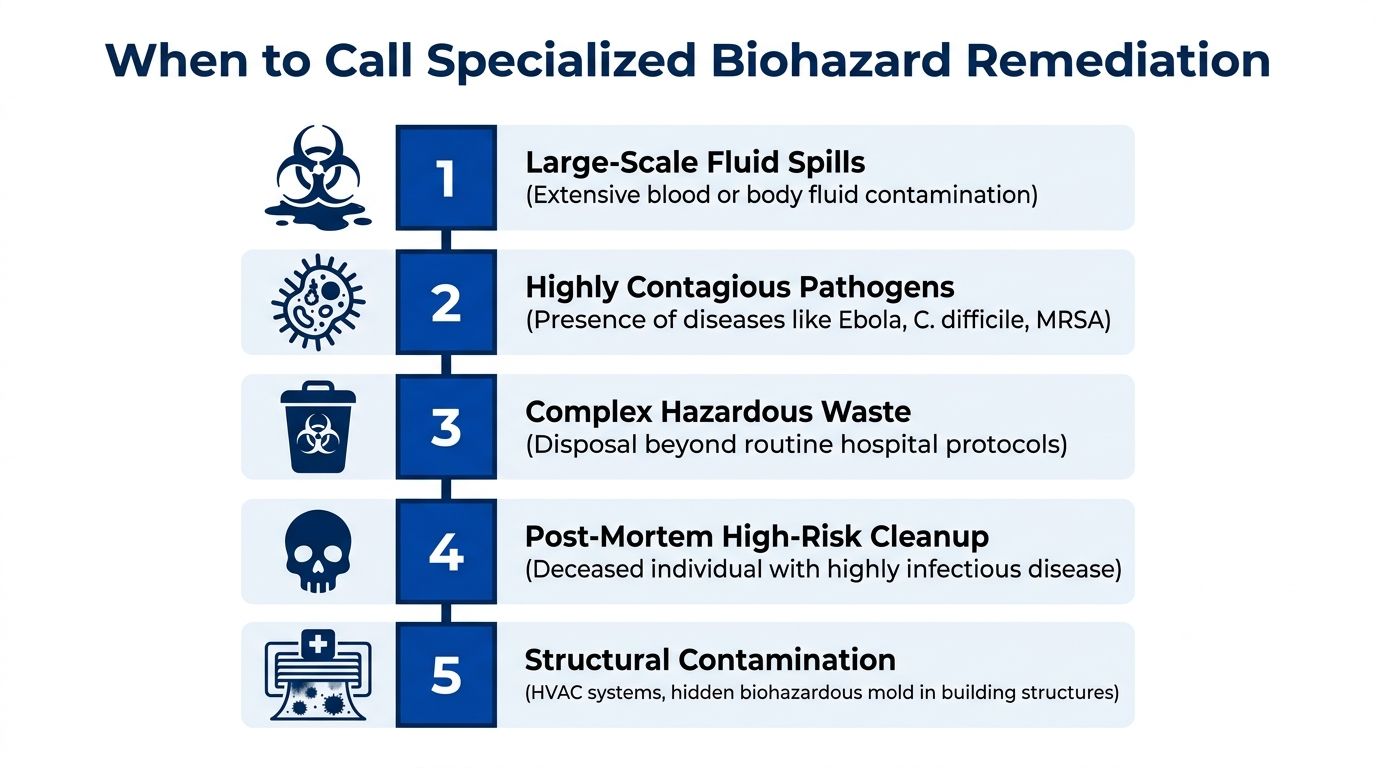 An infographic list outlining five key scenarios that require specialized professional biohazard remediation services for safety.
