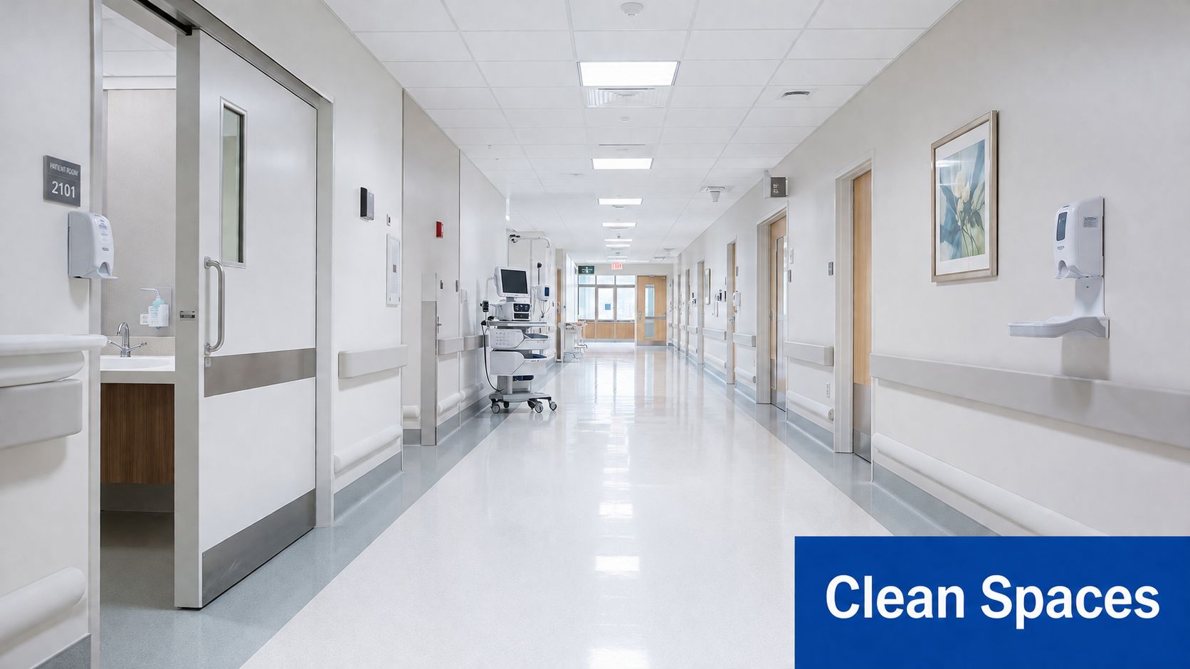 A clean, bright hospital hallway featuring medical equipment and hand sanitizer dispensers on the white walls.