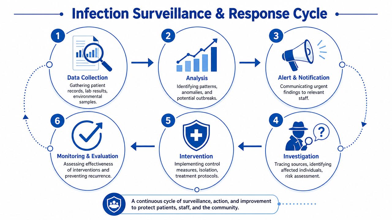 A diagram illustrating the six-step infection surveillance and response cycle used in healthcare facilities.