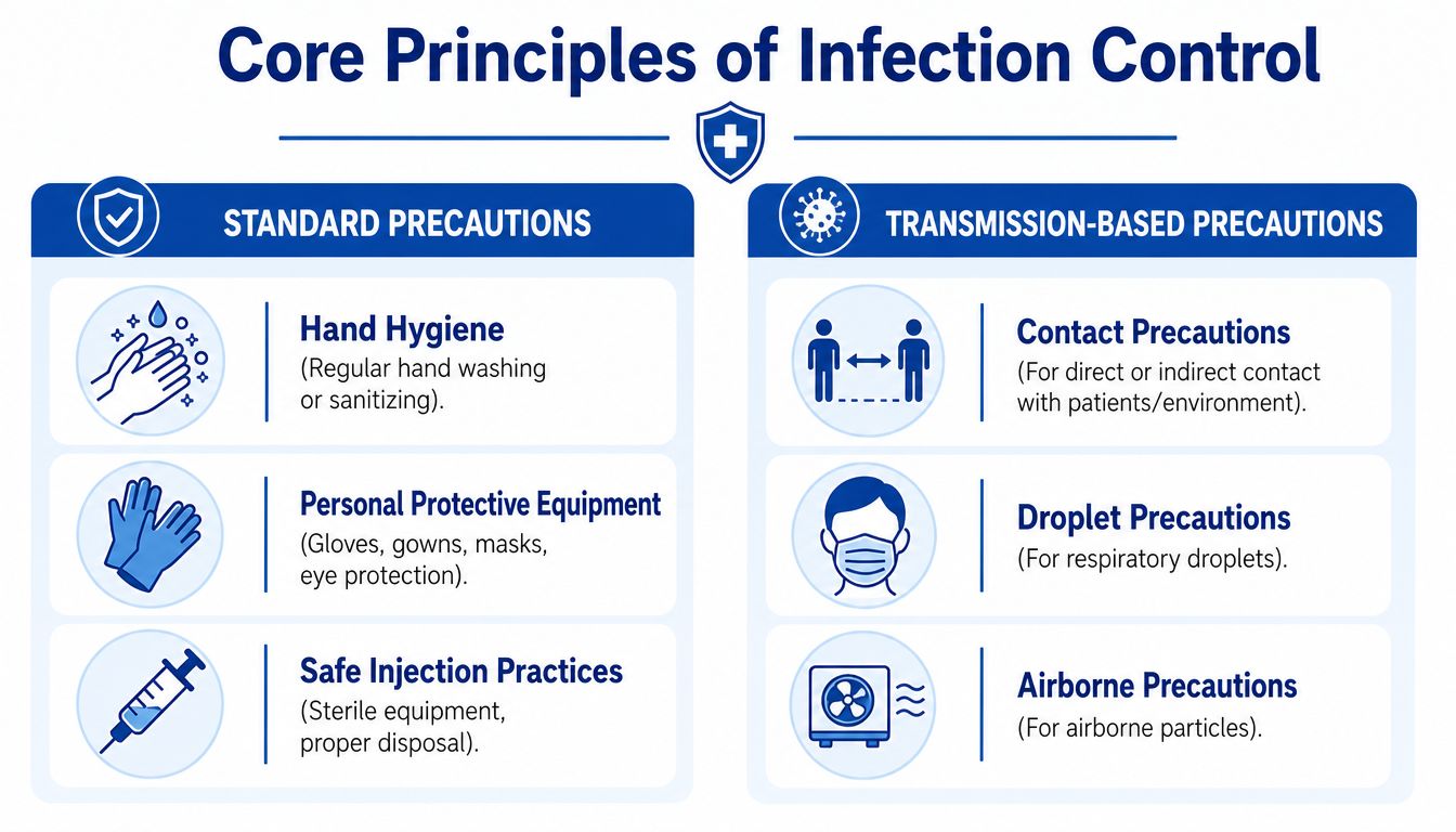 An infographic titled Core Principles of Infection Control explaining standard and transmission-based precautions in healthcare settings.