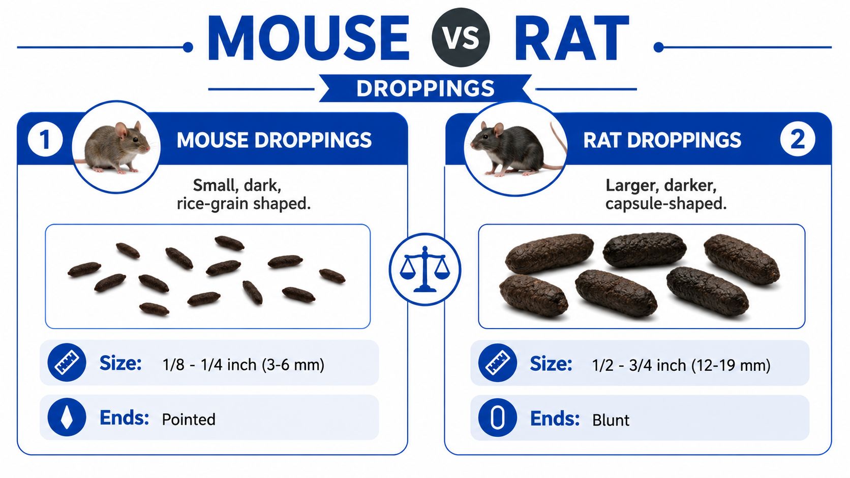 An educational infographic comparing the size, shape, and characteristics of mouse droppings versus rat droppings.