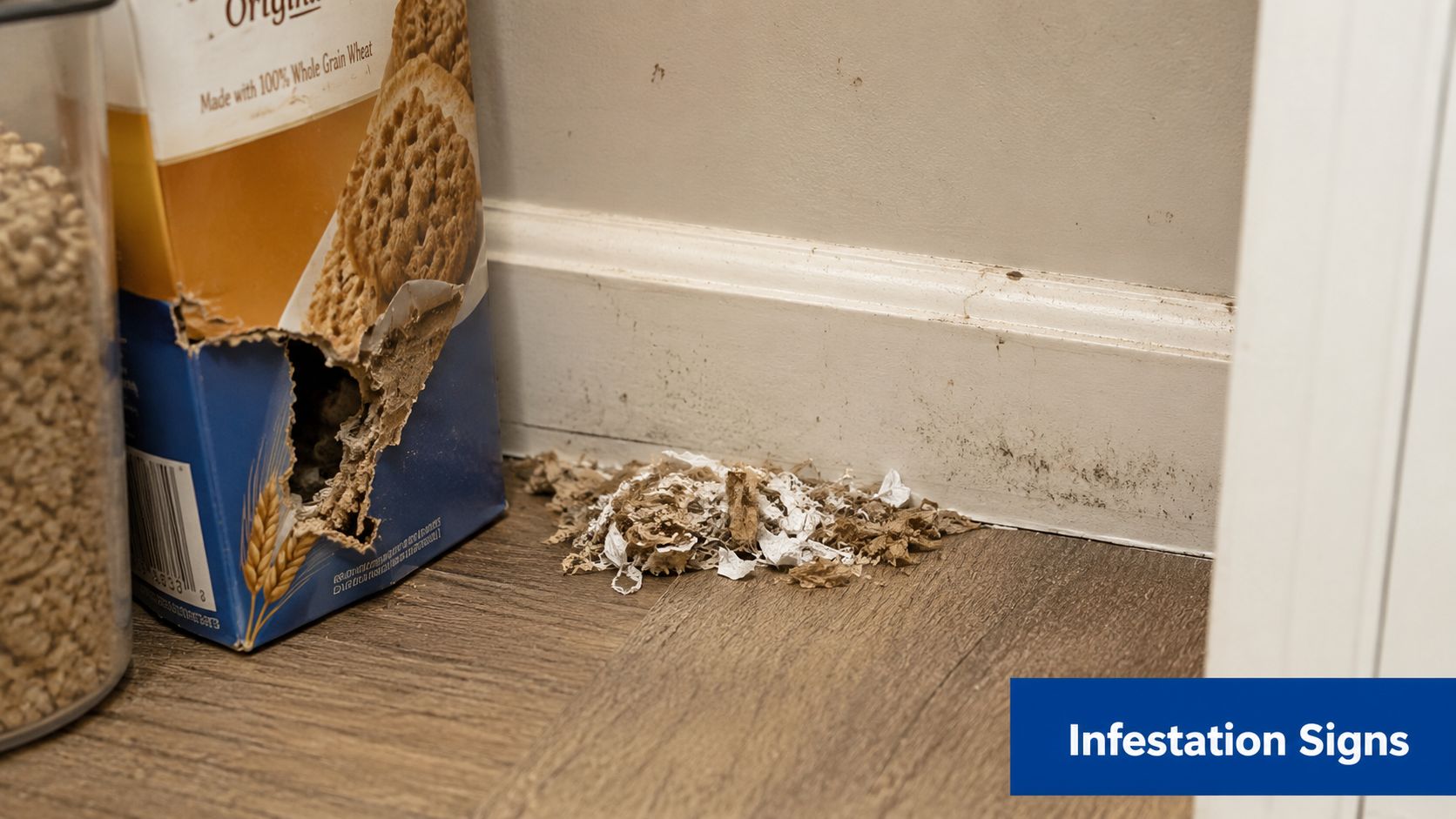 A cereal box gnawed by rodents next to a pile of shredded nesting material on the floor.