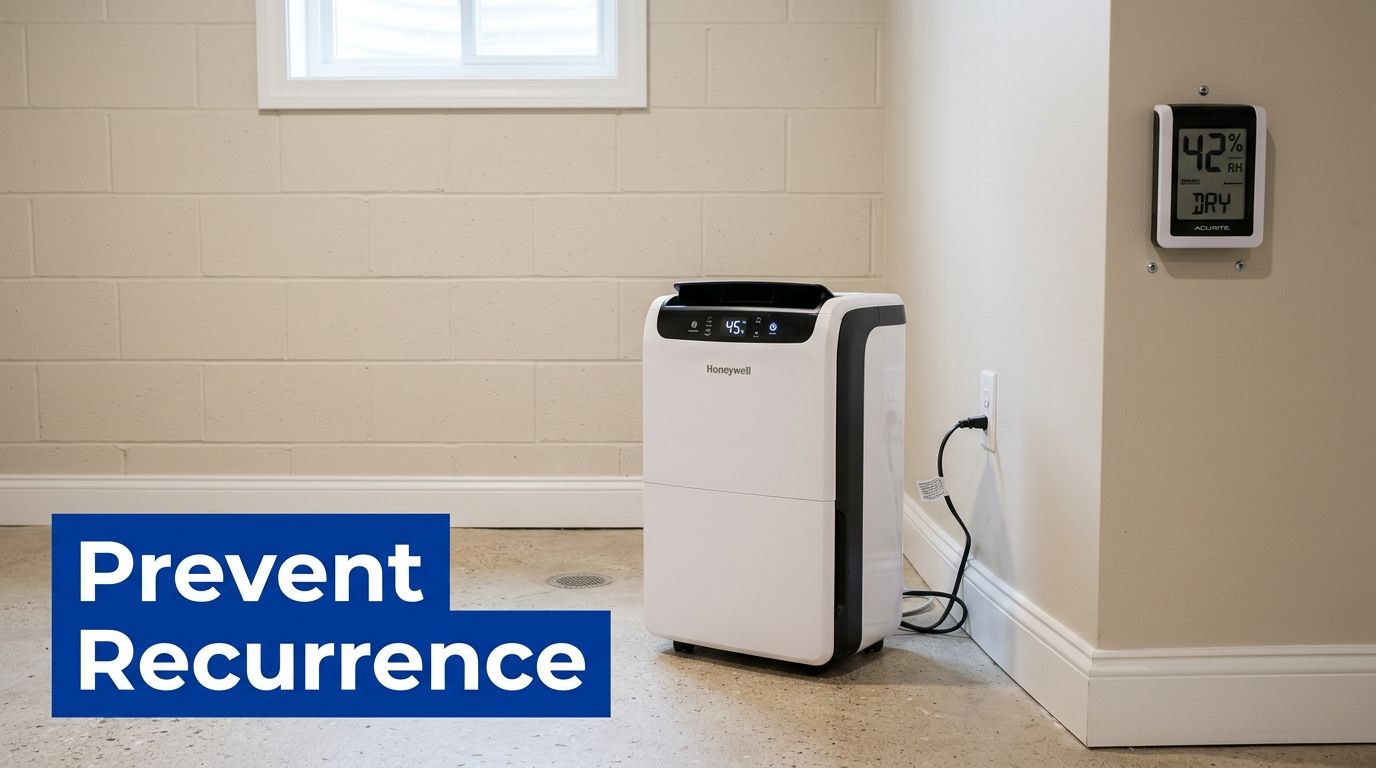 A Honeywell dehumidifier runs in a basement to maintain low humidity and prevent mold growth on walls.