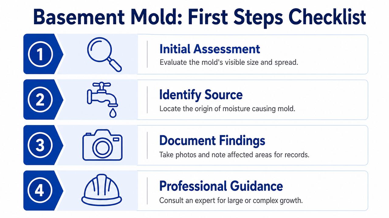 A four-step checklist infographic titled Basement Mold: First Steps for assessing and documenting mold growth.
