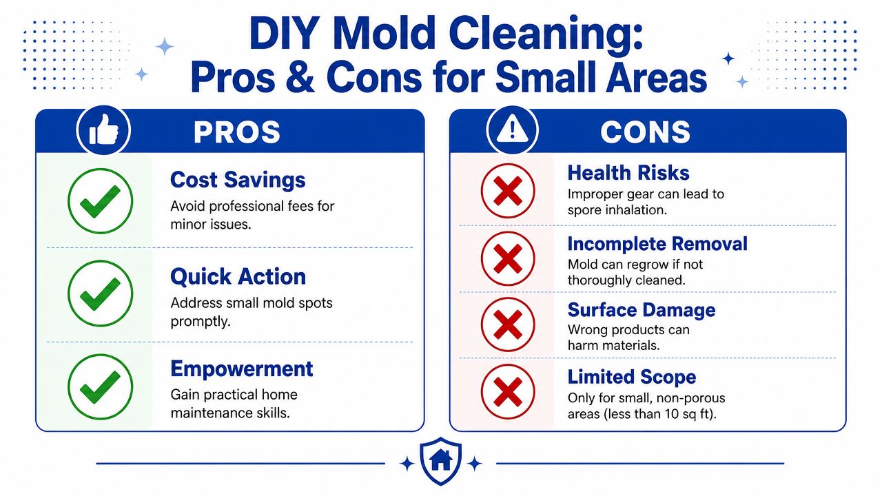 A comparison chart outlining the pros and cons of DIY mold cleaning for small indoor areas.