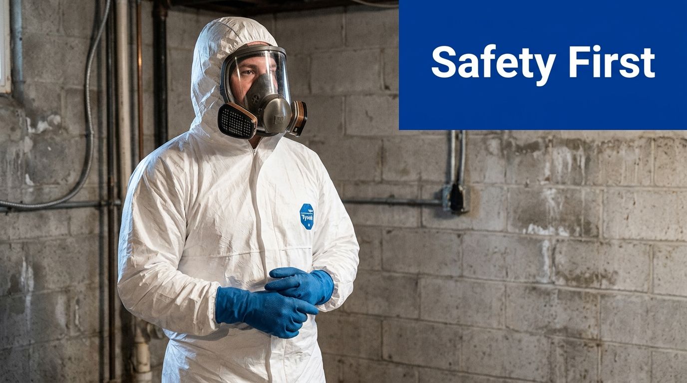 A professional in a white protective suit and respirator mask stands in a concrete basement for safety.