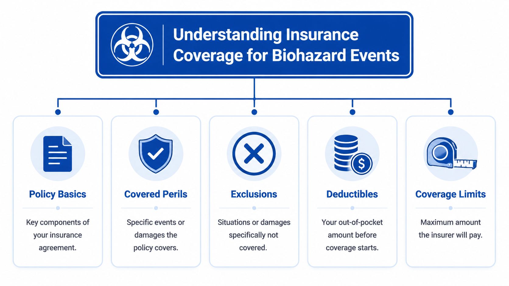 A flowchart explaining key components of insurance coverage for biohazard events including policy basics and limits.