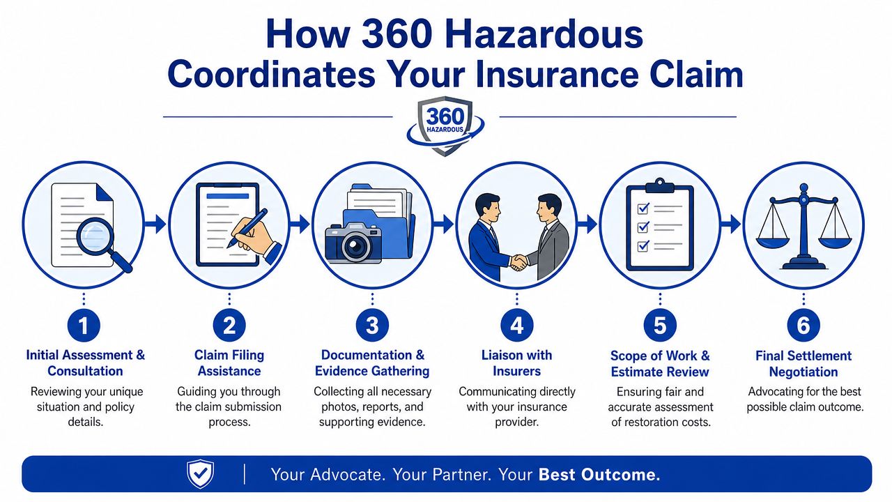 A six-step infographic showing how 360 Hazardous manages insurance claims, from assessment to final settlement negotiation.