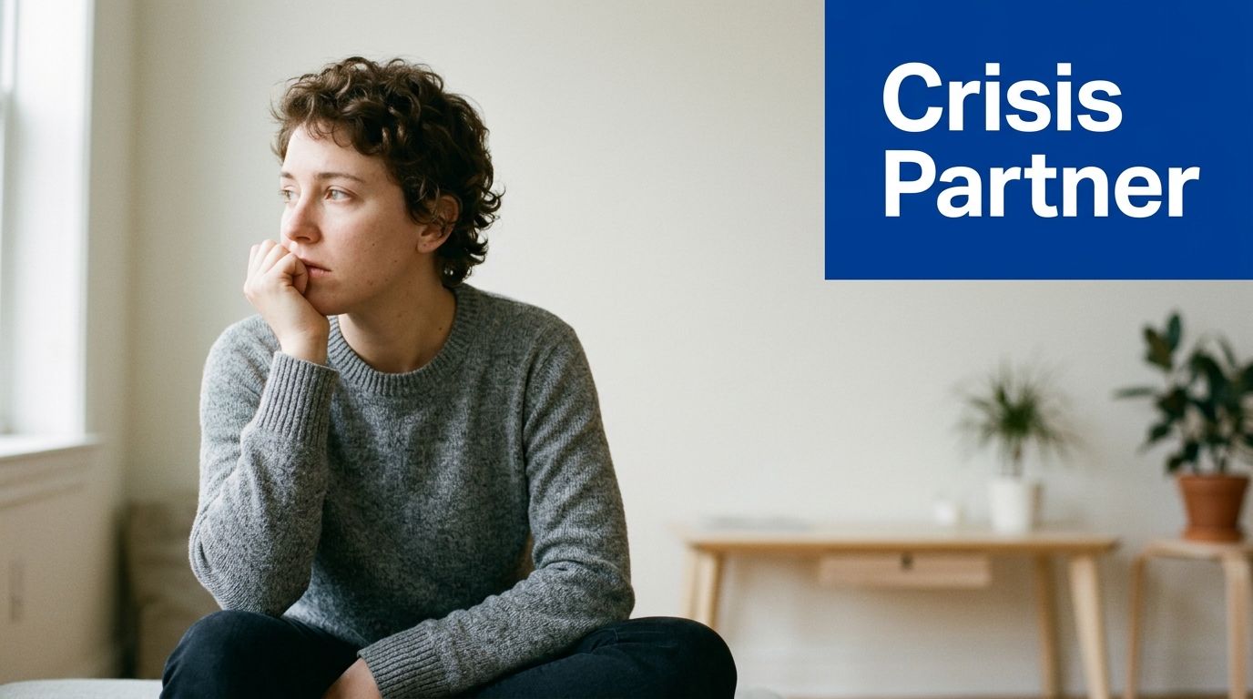 A pensive woman sits in a room with a Crisis Partner label in the corner of the image.