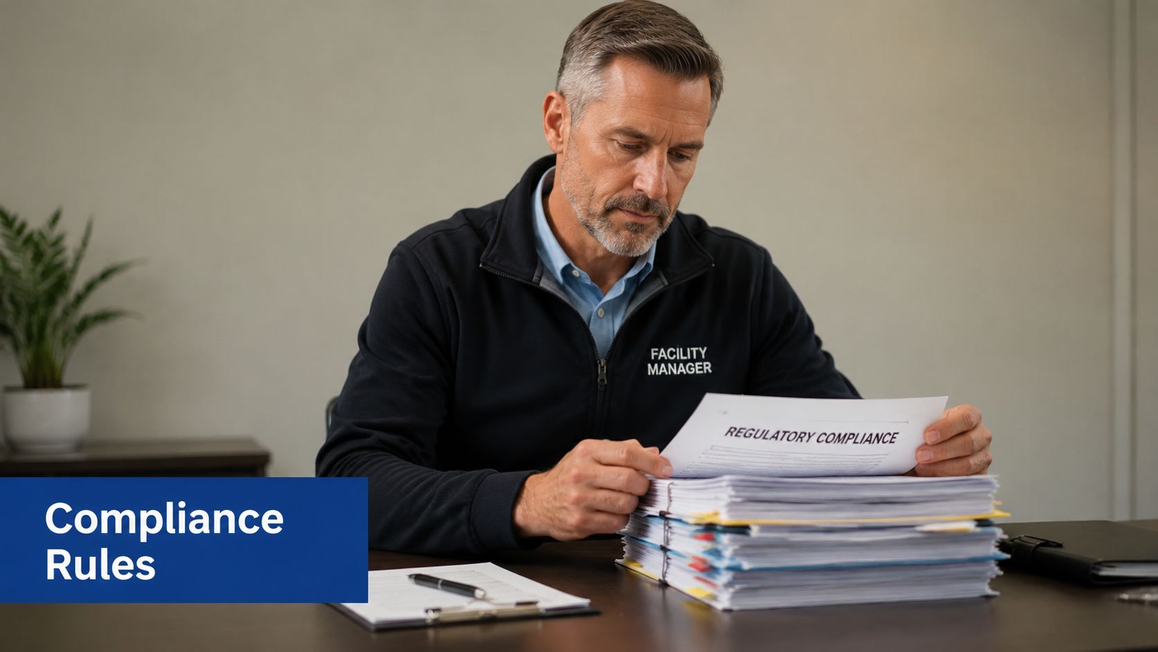A facility manager reviewing a large stack of regulatory compliance documents at an office desk.