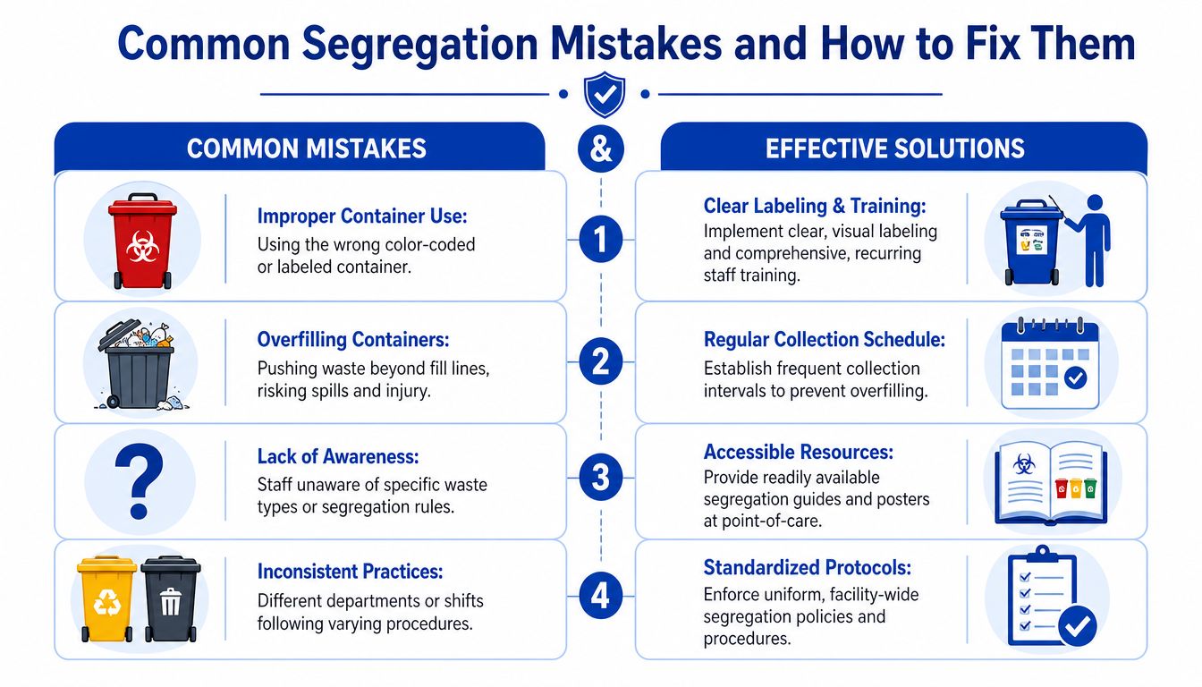 An infographic detailing common medical waste segregation mistakes and their corresponding effective solutions for healthcare facilities.