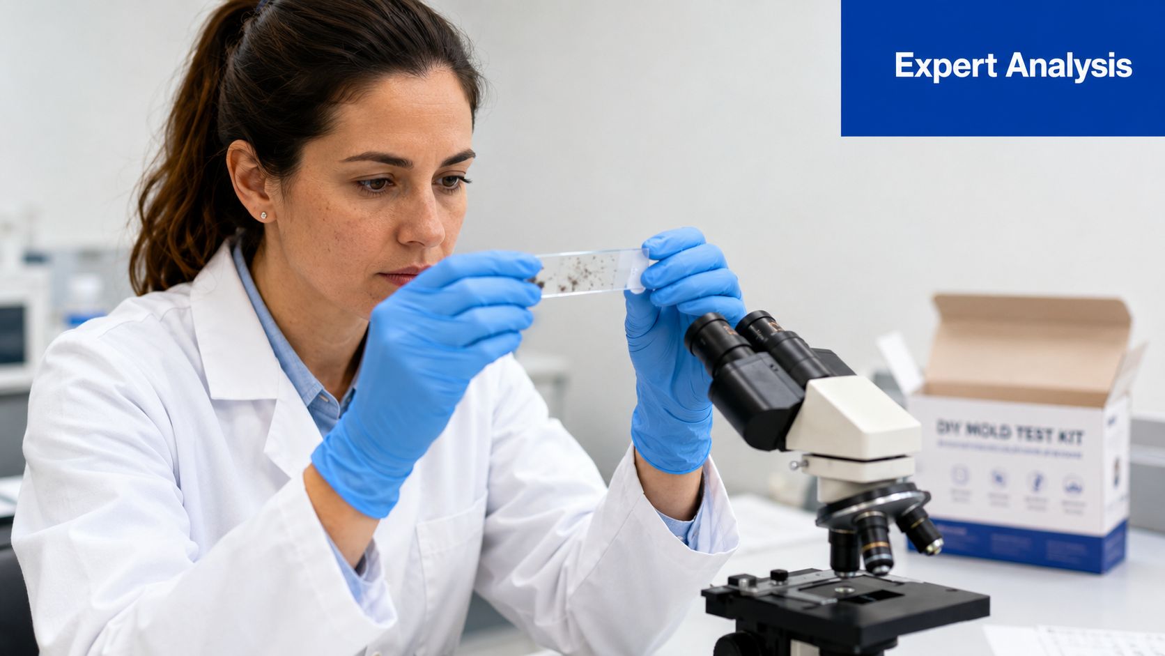 A female laboratory technician in a white coat examines a microscope slide sample with blue gloves.
