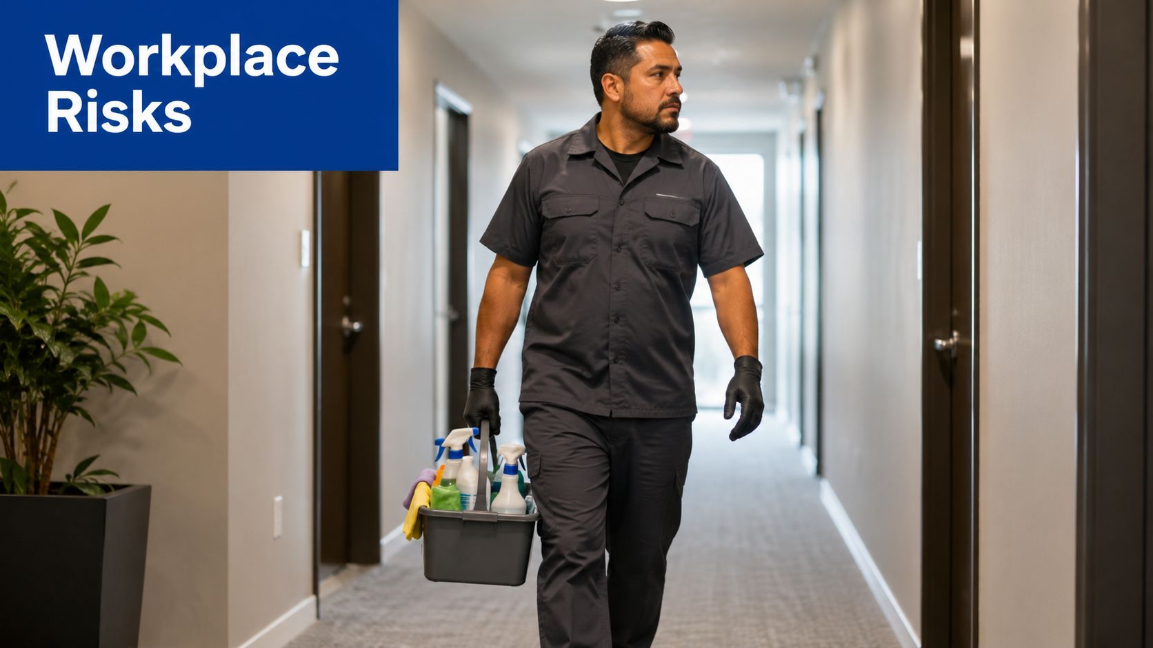 A professional cleaner carrying a bucket of cleaning supplies through an office hallway wearing protective gloves.