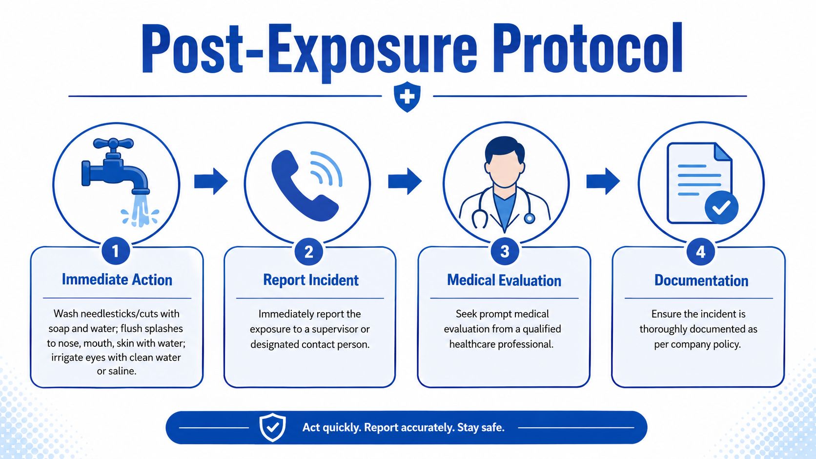 A four-step infographic illustrating the occupational safety protocol for responding to bloodborne pathogen exposure incidents.