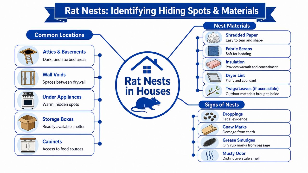 An infographic showing common rat nest locations, materials used by rats, and signs of their presence in homes.