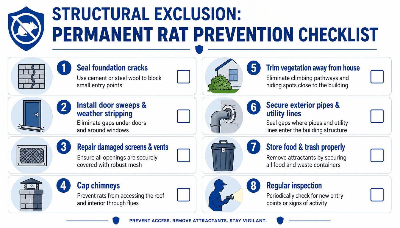 An infographic checklist for rat prevention, detailing eight structural exclusion methods to keep rodents out of buildings.