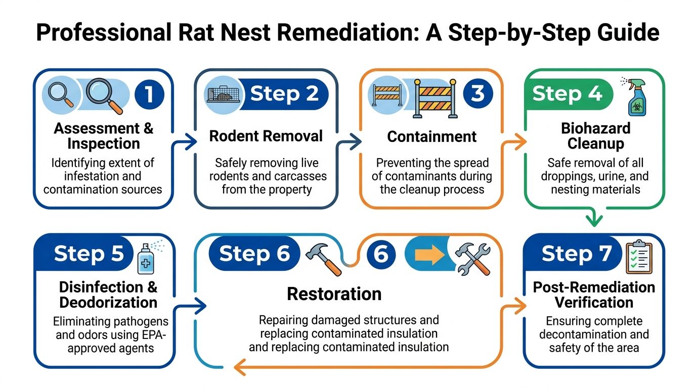 A seven-step infographic detailing the professional process for remediating and cleaning up rat nests in homes.