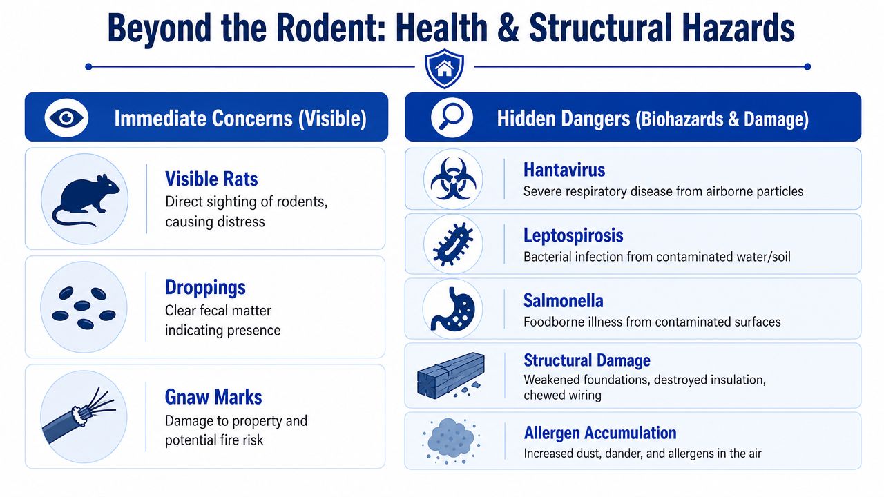 An infographic detailing the health and structural hazards caused by rodent infestations in residential buildings.