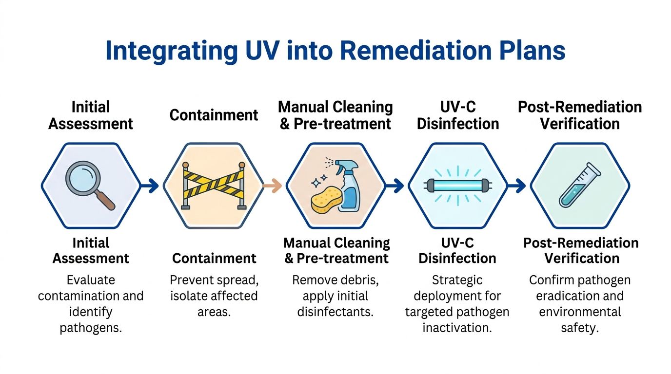 A diagram illustrating the five-step process for integrating UV light disinfection into facility remediation plans.