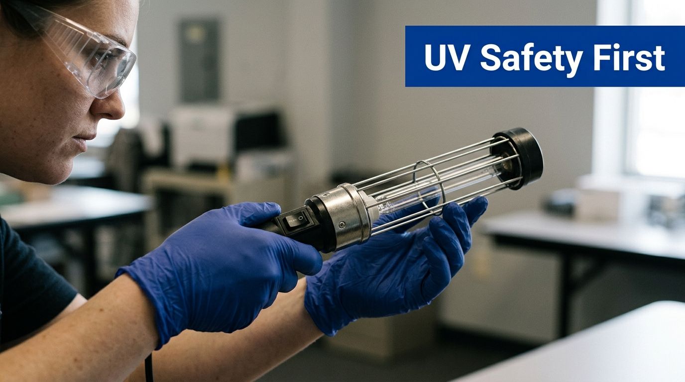 A scientist wearing safety goggles and blue gloves inspects a handheld ultraviolet disinfection lamp in a laboratory.